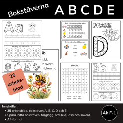 Bokstäverna A, B, C, D, E – Arbetsblad för läsinlärning, färgläggning, ordträning och sökord (Åk F–1)