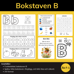 Arbetsblad Bokstaven B – färgläggning, bokstavsjakt, ord och läsning