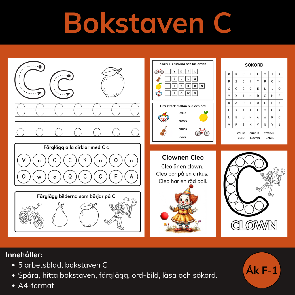 Arbetsblad Bokstaven C – färgläggning, bokstavsjakt, ord och läsning
