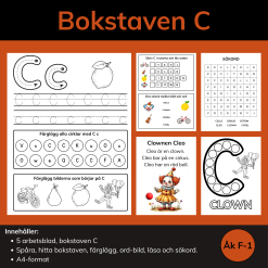 Arbetsblad Bokstaven C – färgläggning, bokstavsjakt, ord och läsning