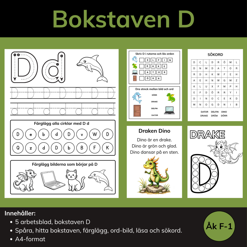 Arbetsblad Bokstaven D – färgläggning, bokstavsjakt, ord och läsning