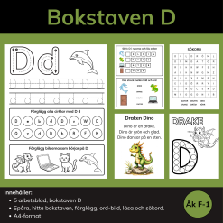 Arbetsblad Bokstaven D – färgläggning, bokstavsjakt, ord och läsning