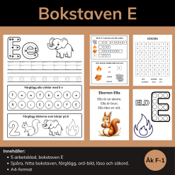 Arbetsblad Bokstaven E – färgläggning, bokstavsjakt, ord och läsning
