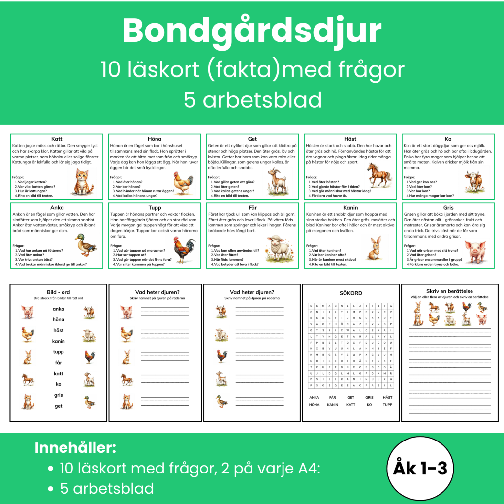 Bondgårdsdjur | 10 faktakort med frågor + 5 arbetsblad för läsförståelse Åk 1–3