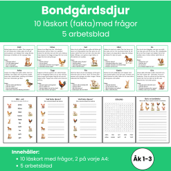Bondgårdsdjur | 10 faktakort med frågor + 5 arbetsblad för läsförståelse Åk 1–3