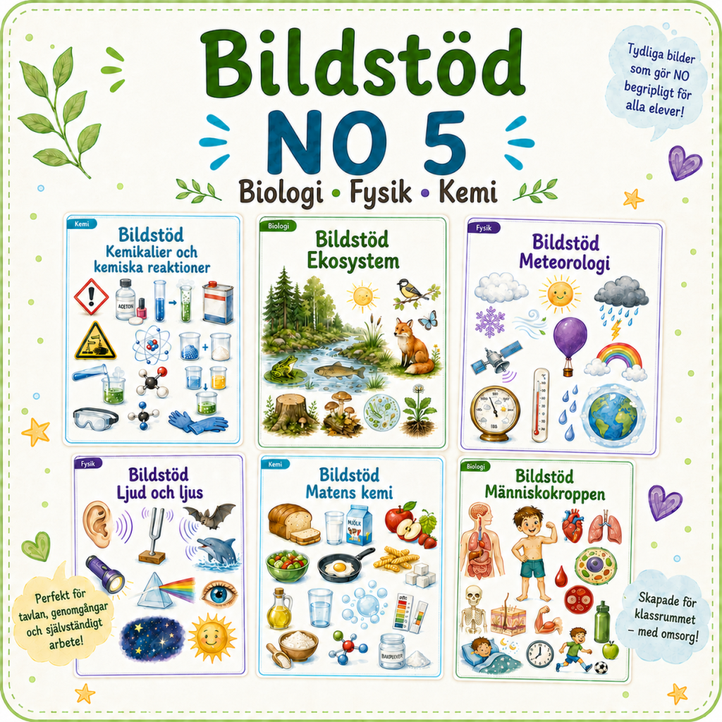 Bildstöd NO 5 + ämnesböcker i kemi, fysik och biologi