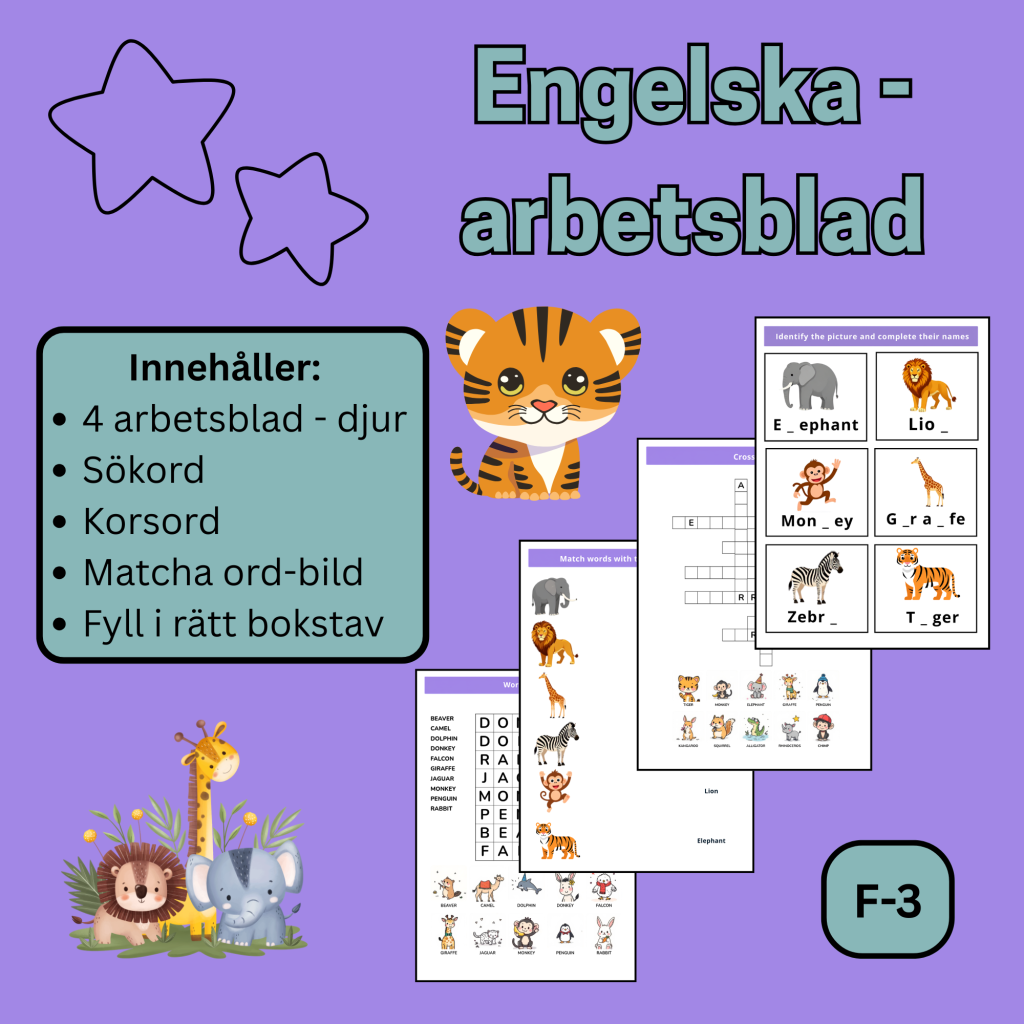 Engelska arbetsblad – djur F–3 | Sökord, korsord & matcha ord‑bild