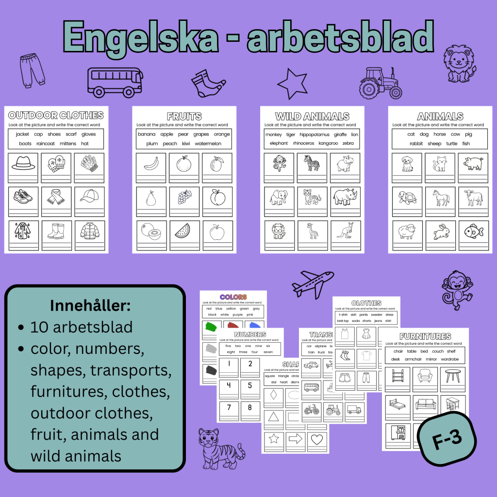 Engelska arbetsblad F–3 – ordträning med bilder (color, clothes, animals, fruits m.m.)