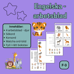 Engelska arbetsblad – djur F–3 | Sökord, korsord & matcha ord‑bild