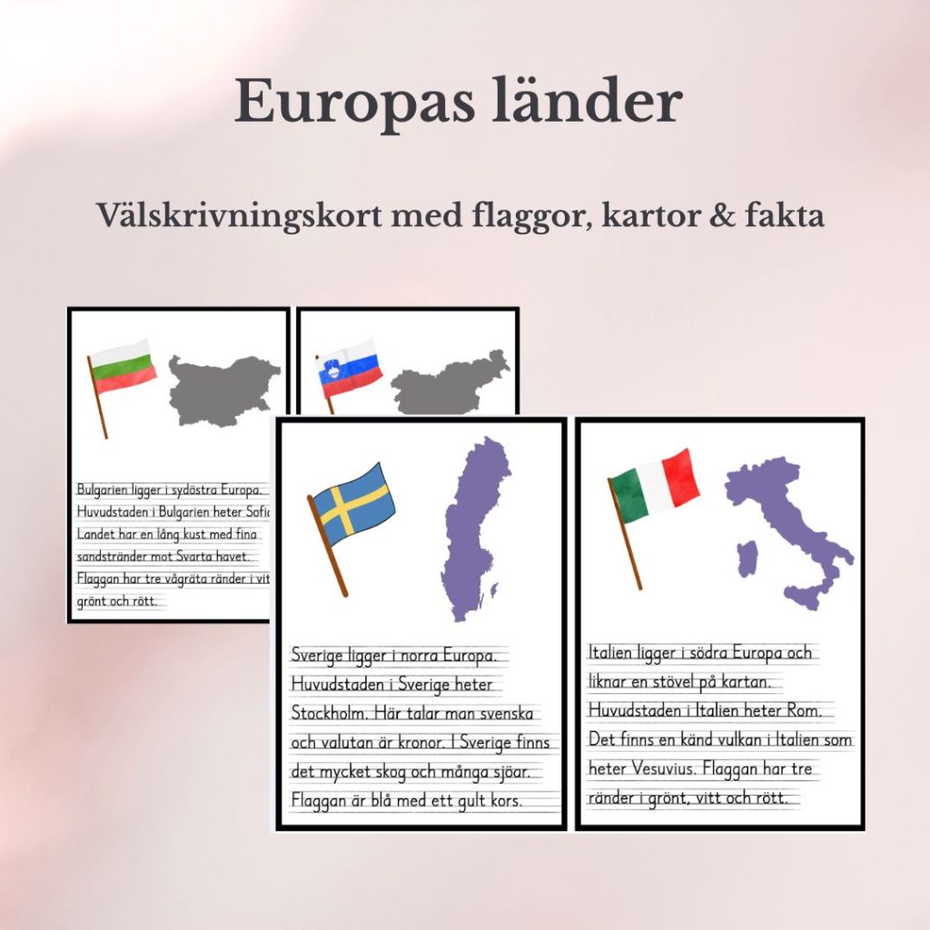 Europas länder – Välskrivningskort med flaggor, kartor & fakta (50 länder)