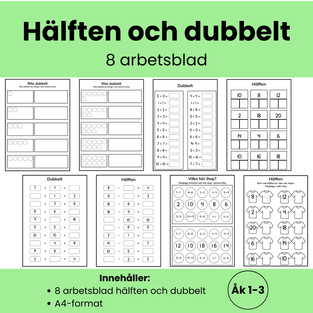 Hälften och dubbelt – arbetsblad i matematik för åk 1–3 | Dubbelt och hälften 0–20