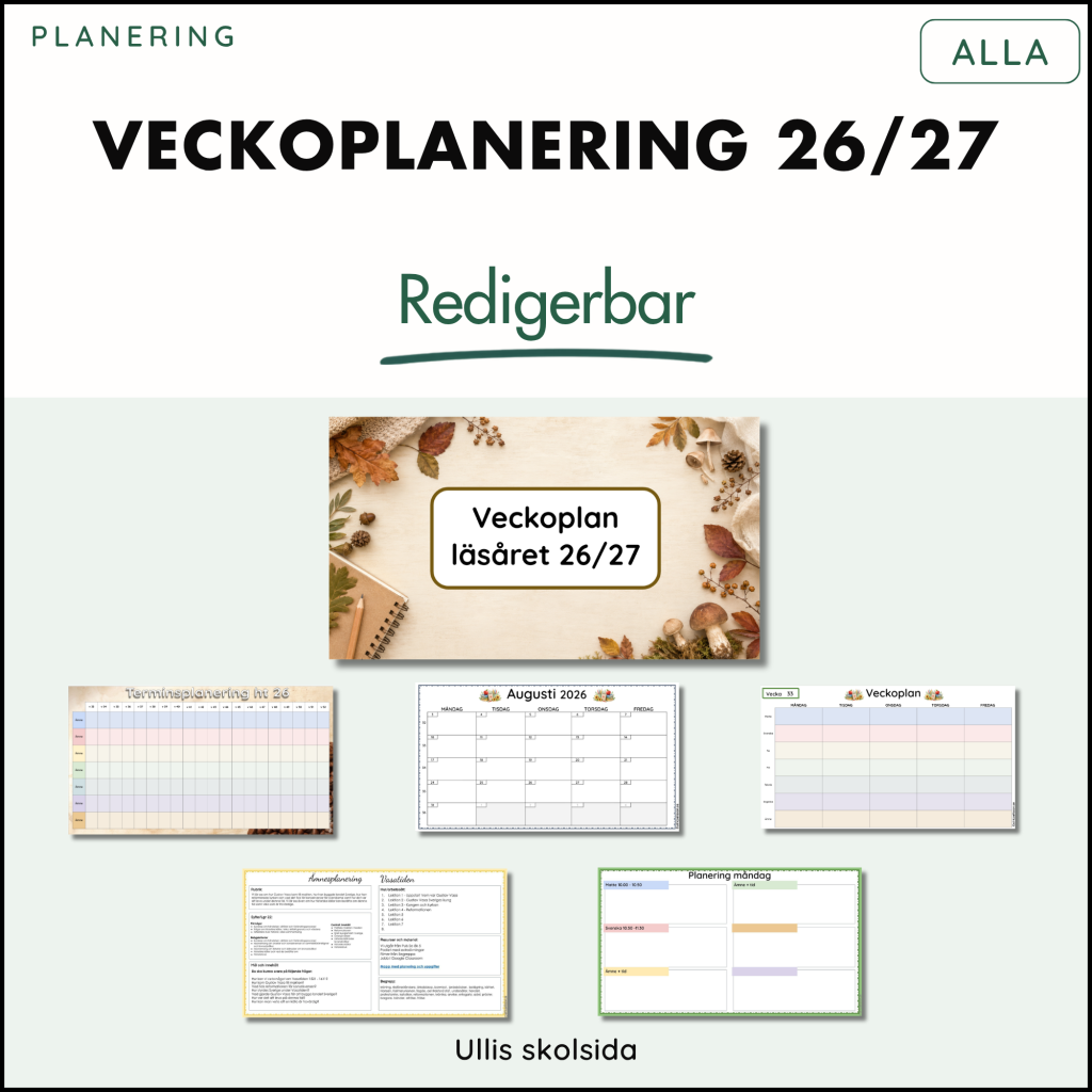 Mall för veckoplanering, terminsplanering, ämnesplanering och dagsplaneringar – redigerbar 26/27