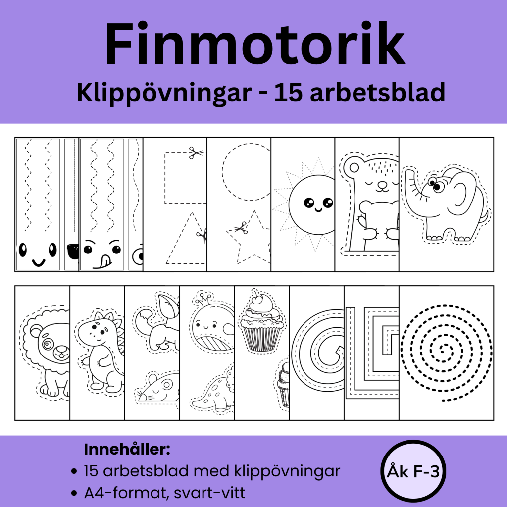 Finmotorik klippövningar – 15 arbetsblad med klippövningar för F – åk 3