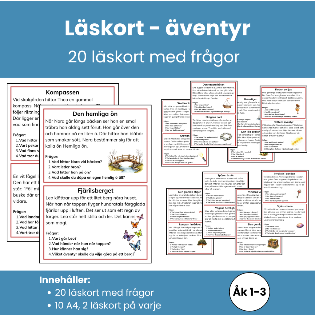 Läskort – äventyr | 20 läskort med frågor för läsförståelse Åk 1–3