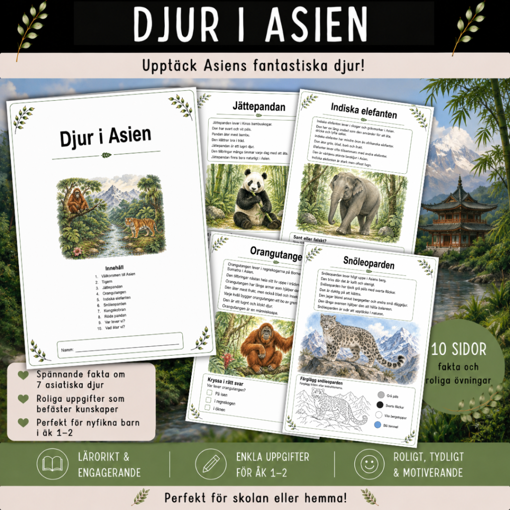 Djur i Asien, häfte med 10 sidor för åk 1-2