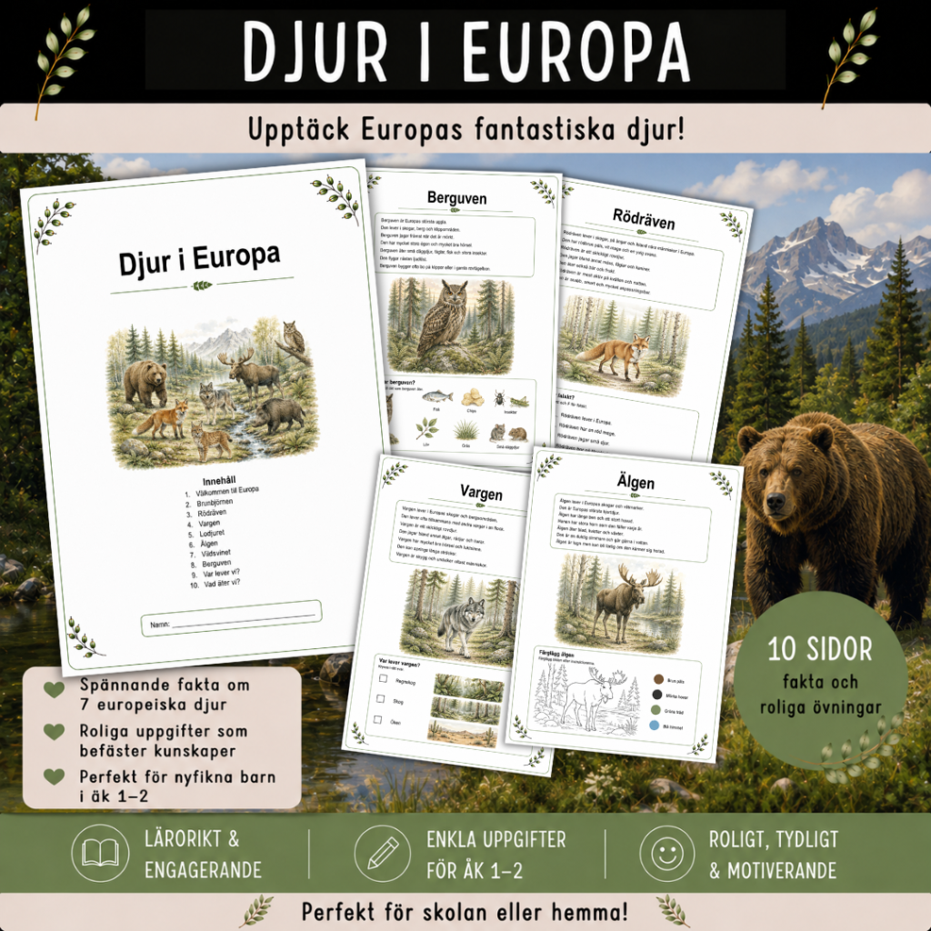Djur i Europa, häfte med 10 sidor för åk 1-2
