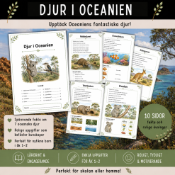 Djur i Oceanien, häfte med 10 sidor för åk 1-2