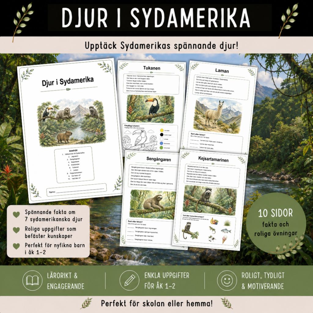 Djur i Sydamerika, häfte med 10 sidor för åk 1-2