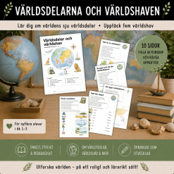 Världsdelar och världshav, häfte med 10 sidor
