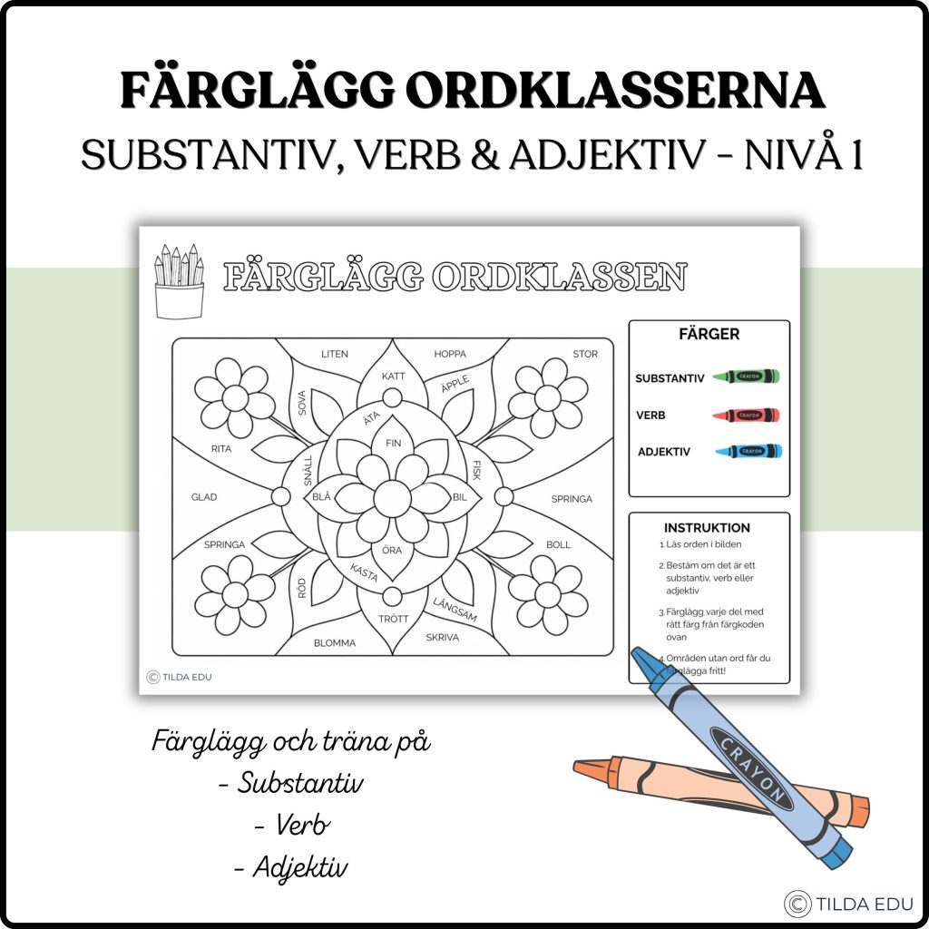 Färglägg ordklasser – substantiv, verb & adjektiv | Nivå 1