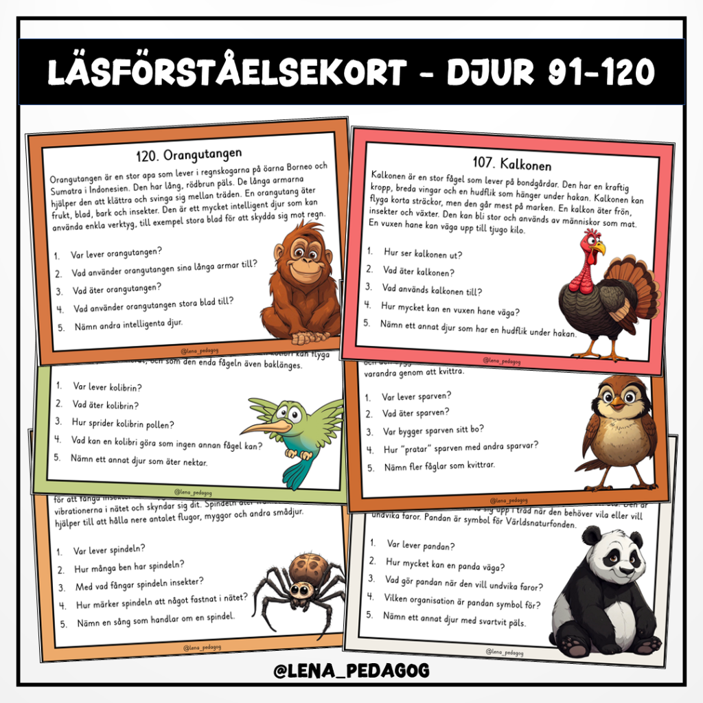 Läsförståelsekort – djur 91-120