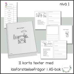 11 korta texter med läsförståelsefrågor i A5-bok nivå 1