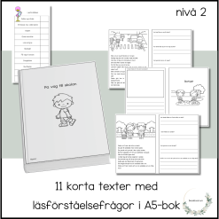 11 korta texter med läsförståelsefrågor i A5-bok nivå 2