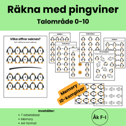 Räkna med pingviner – Talområde 0–10 | Addition, subtraktion & 10‑kompisar för F–1