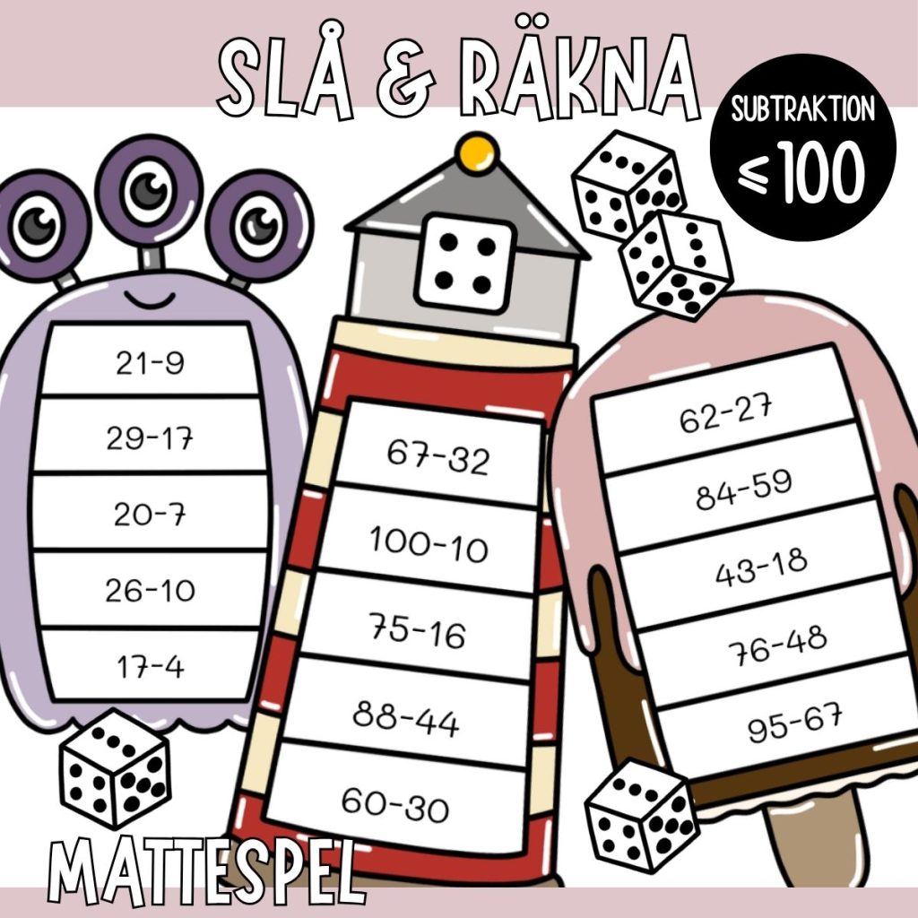 Slå & räkna – 10 subtraktionsspel upp till 100