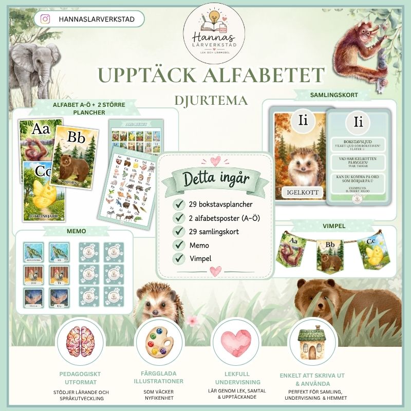 Upptäck alfabetet A–Ö – komplett alfabetspaket | Djurtema 🐻🦔