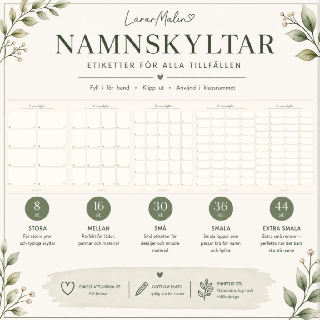 Namnskyltar i 5 olika storlekar