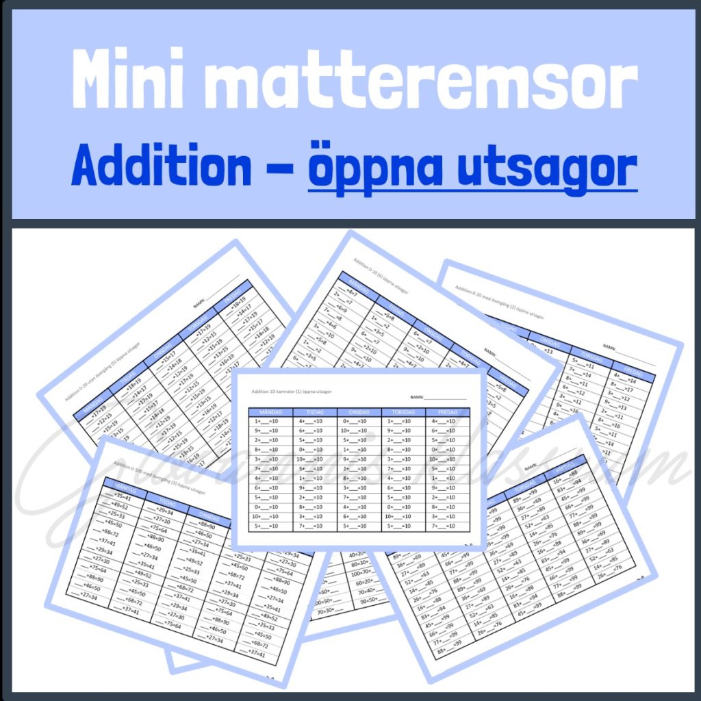 Mini matteremsor för daglig mängdträning, addition öppna utsagor