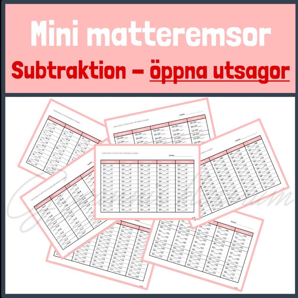Mini matteremsor för daglig mängdträning, subtraktion öppna utsagor
