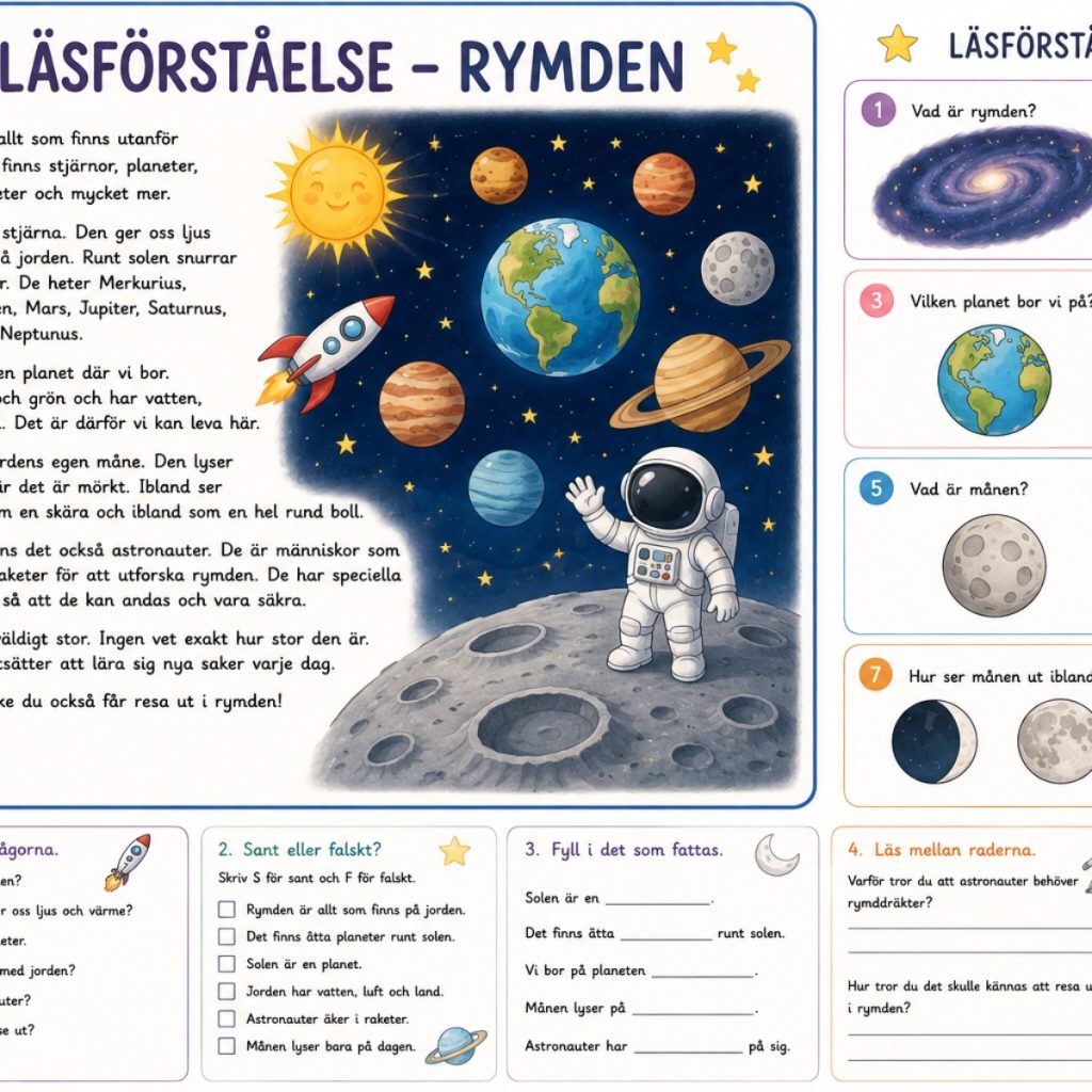 Läsförståelse och läsförståelse kort om Rymden!
