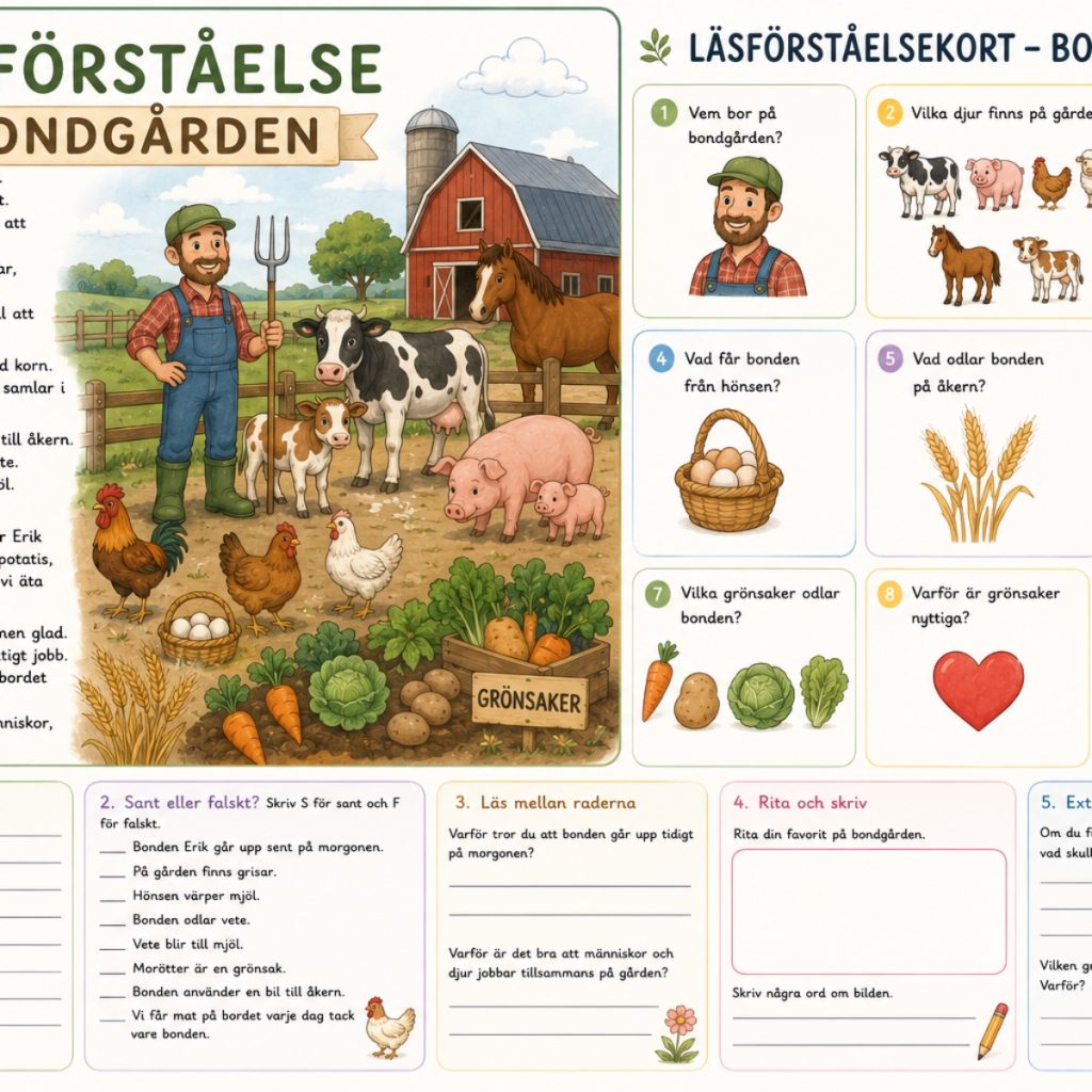 Läsförståelse text och läsförståelse kort om Bondgården!