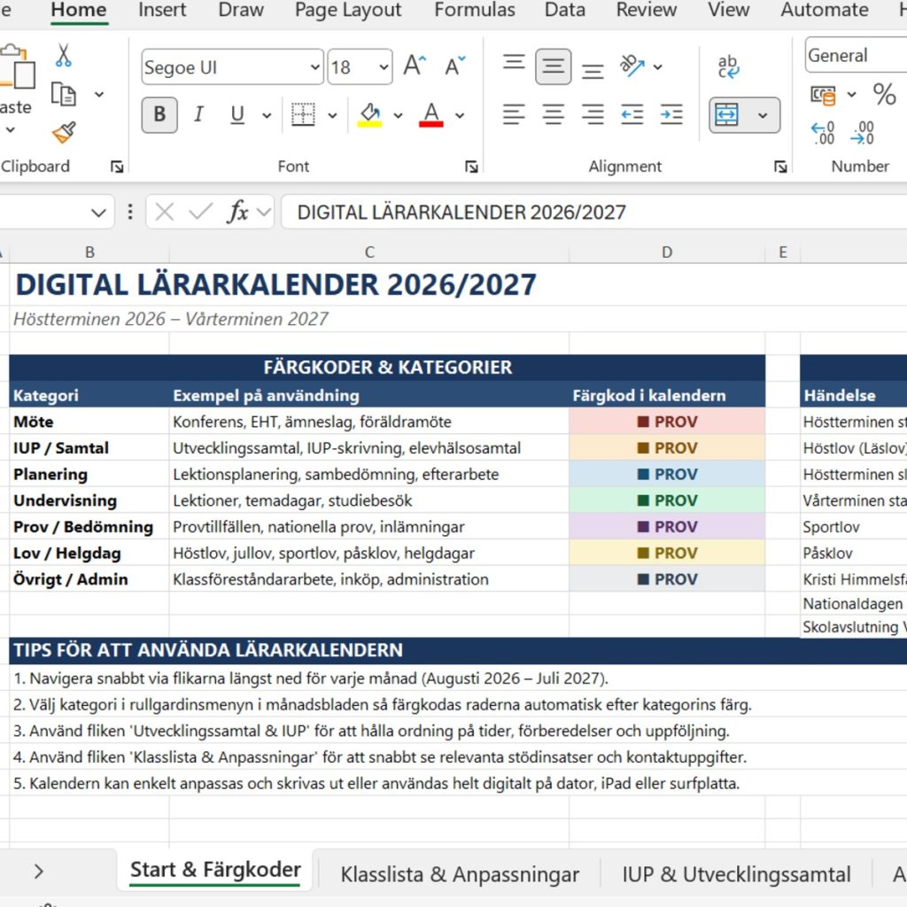 Digital lärarkalender 2026–2027 i Excel | Planera hela läsåret