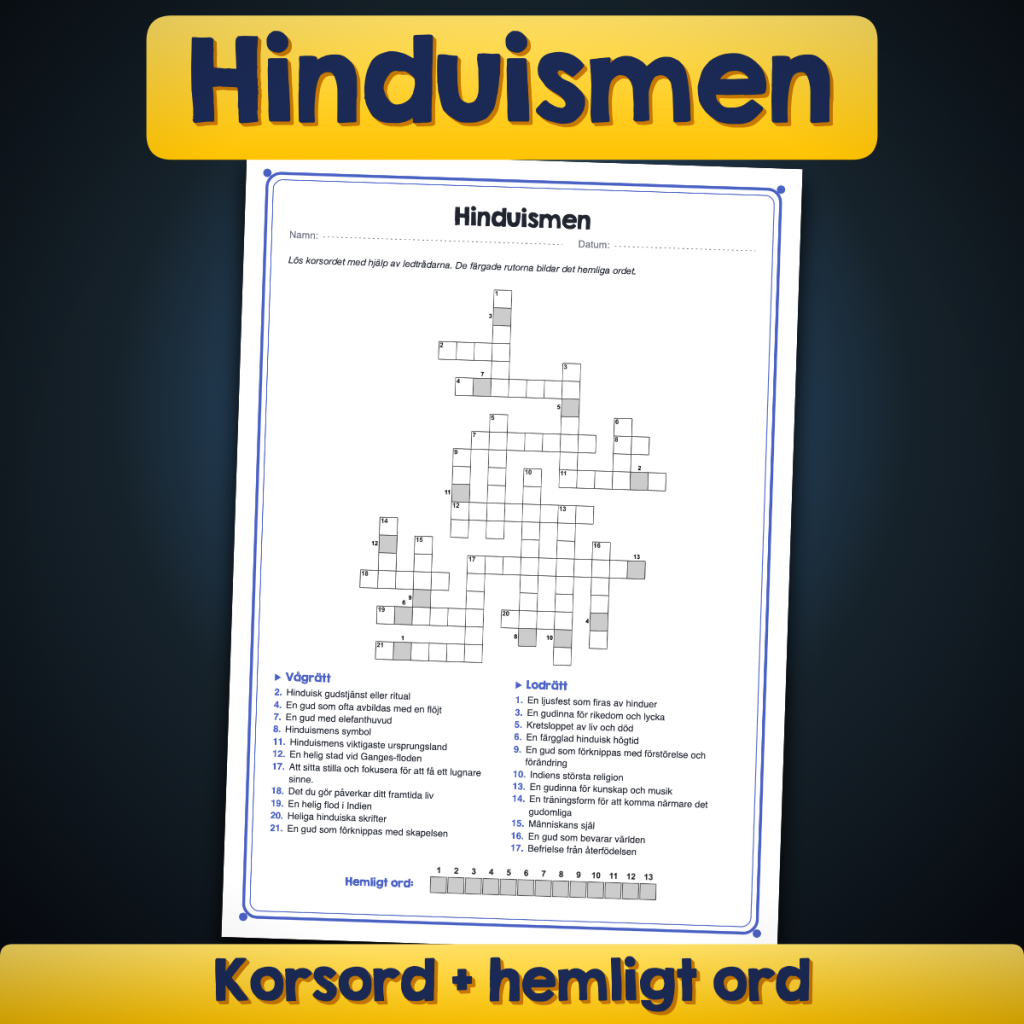 Hinduismen – Korsord med hemligt ord | Religion