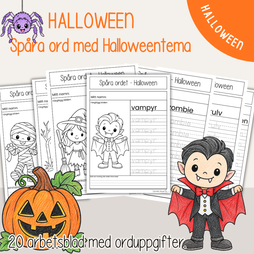Halloween – Spåra ord – 20 olika arbetsblad med Halloweentema