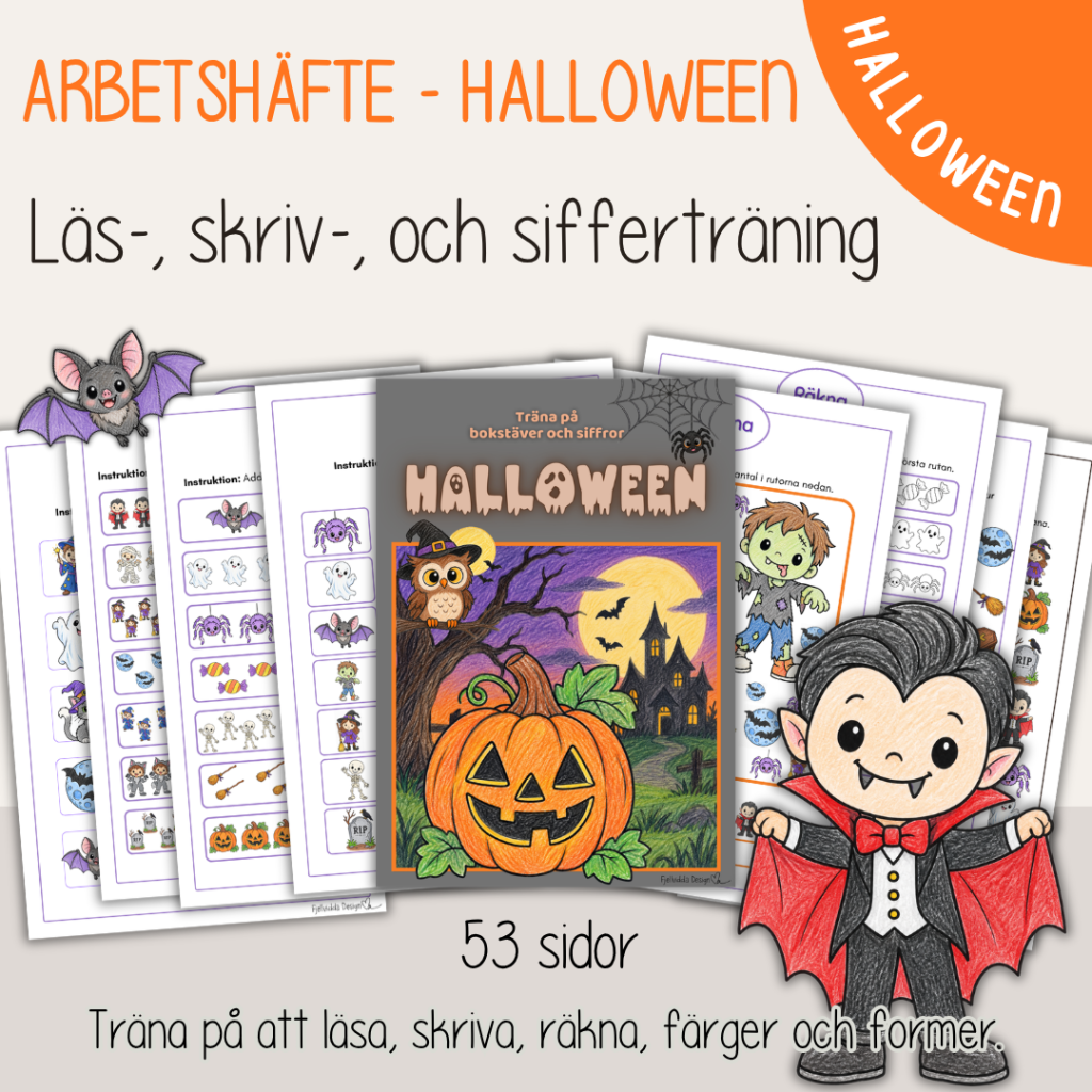 Halloween – Arbetshäfte med bokstäver och siffror 54 sidor – Halloweentema