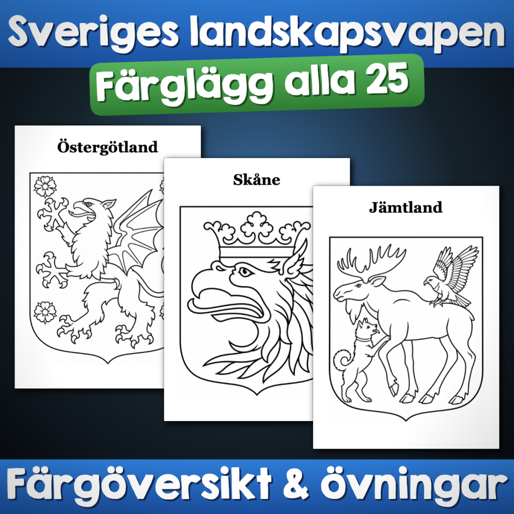 Sveriges landskapsvapen – 25 färgläggningsblad, färgöversikt och övningar