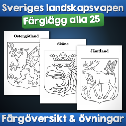 Sveriges landskapsvapen – 25 färgläggningsblad, färgöversikt och övningar