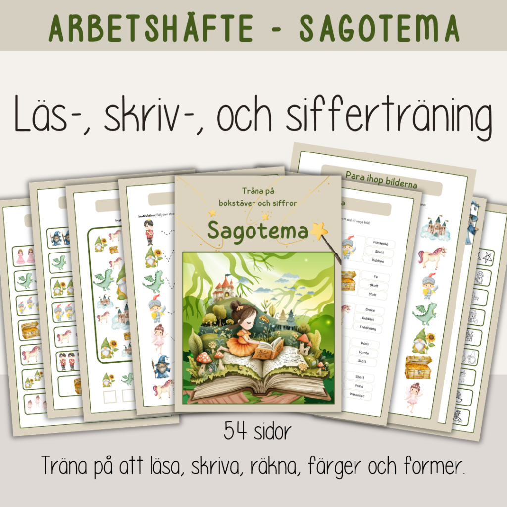 Barnboksveckan – Arbetshäfte med bokstäver och siffror 54 sidor – Sagotema