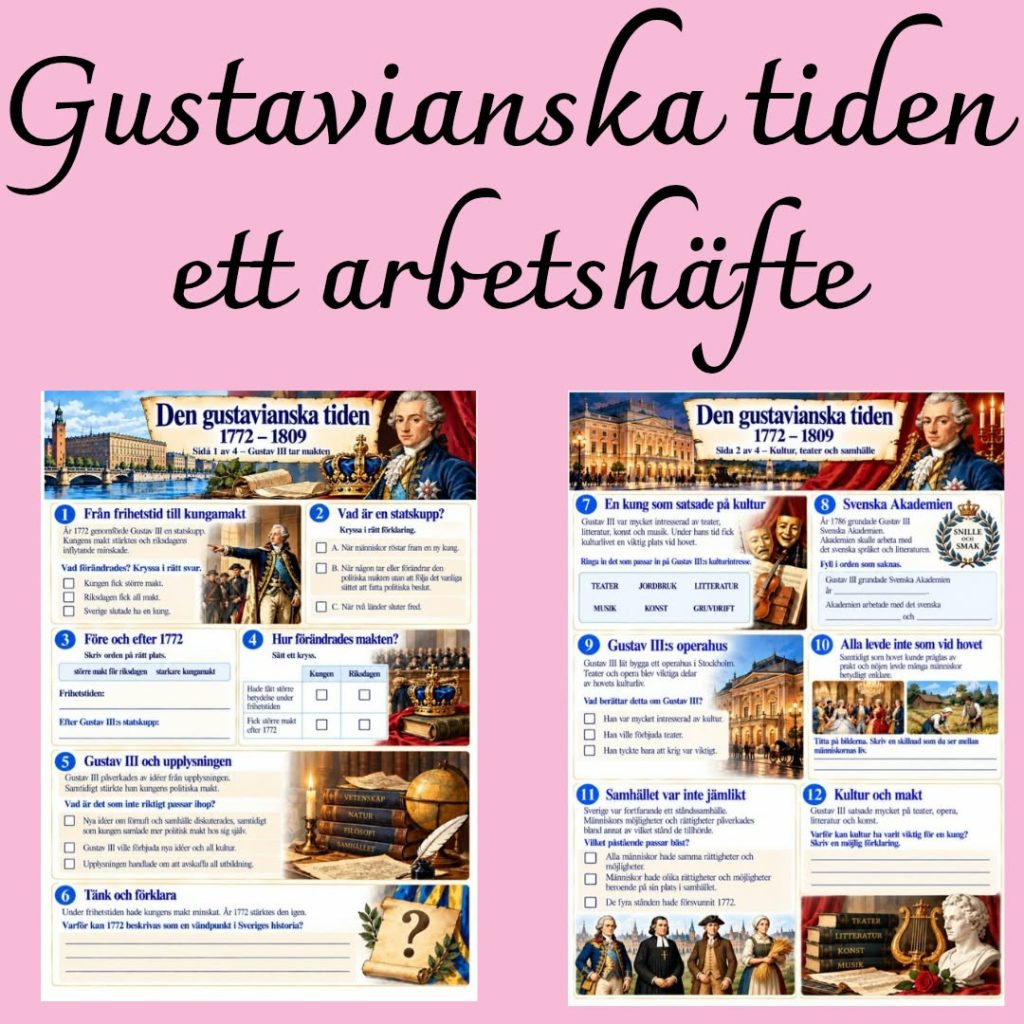 Den gustavianska tiden 1772–1809 | Arbetshäfte med 25 uppgifter + facit