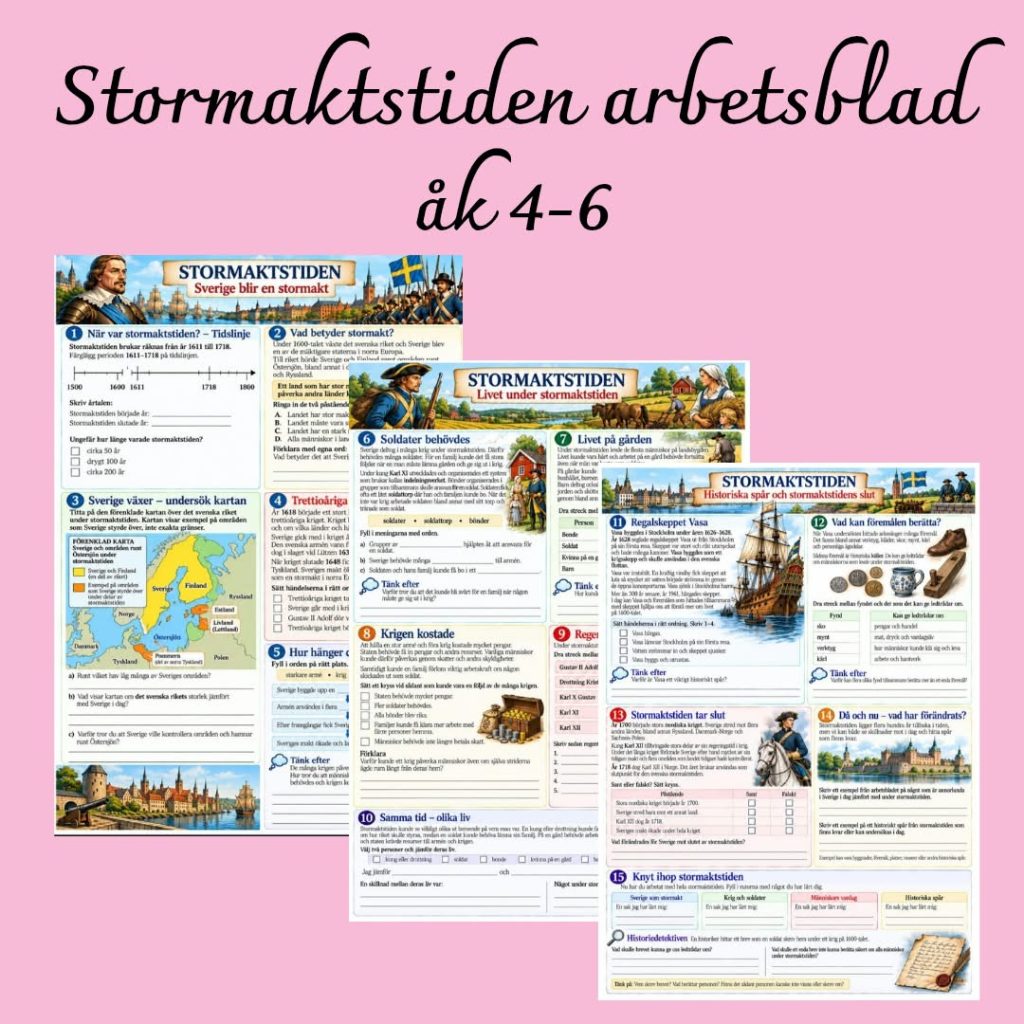 Stormaktstiden – komplett arbetsblad i historia för åk 4–6 + facit