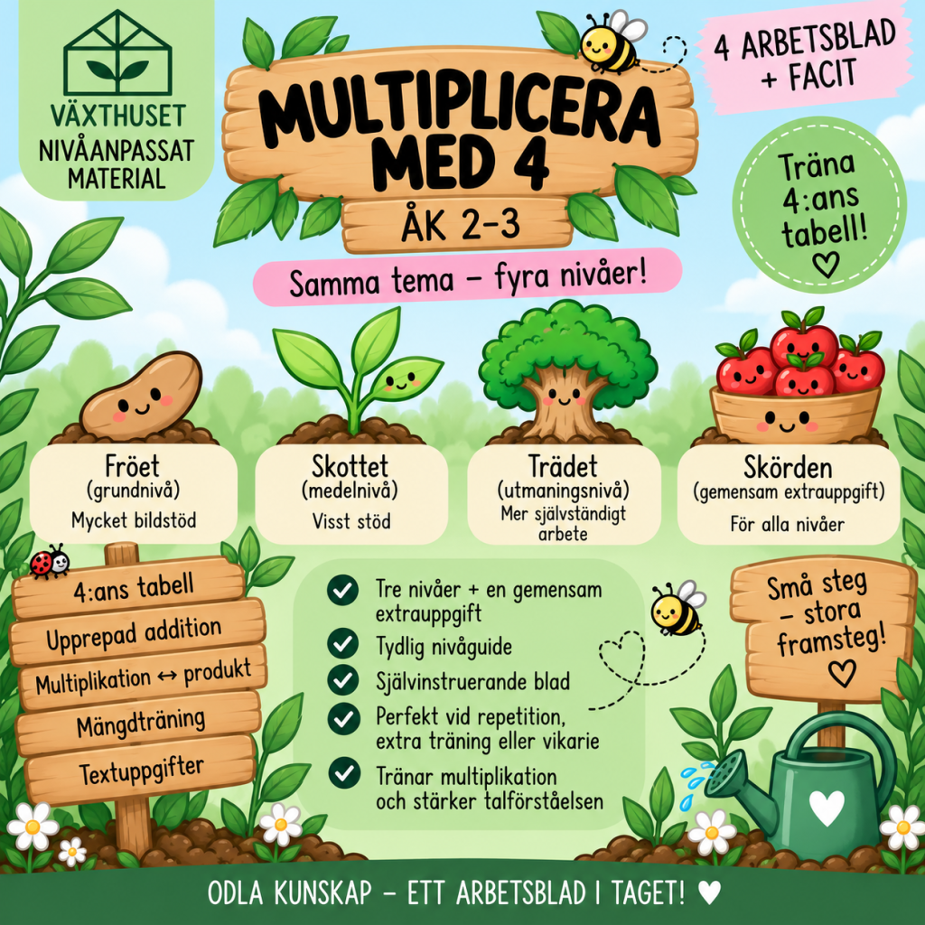 Växthuset | Multiplicera med 4 – nivåanpassat material åk 2–3