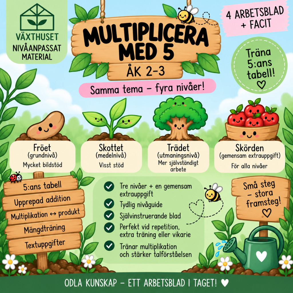 Växthuset | Multiplicera med 5 – nivåanpassat material åk 2–3