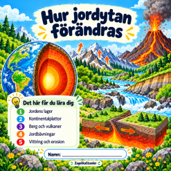 Hur jordytan förändras – Jordens lager, kontinentalplattor, berg, vulkaner och erosion