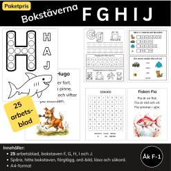 Bokstäverna F–G-H-I-J – Paket med 25 arbetsblad för F-1