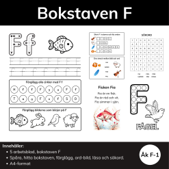 Bokstaven F – 5 arbetsblad för F-1