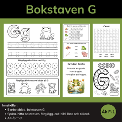 Bokstaven G – 5 arbetsblad för F-1